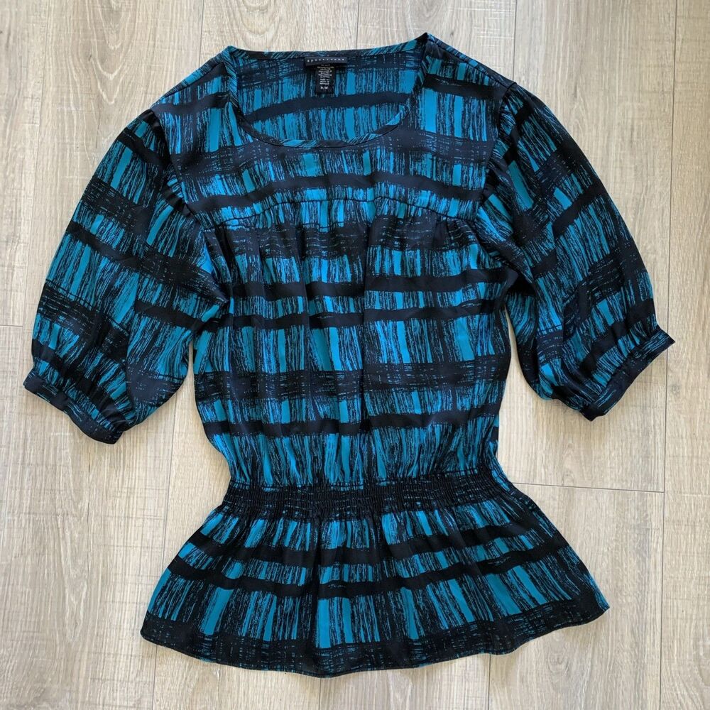 Apostrophe Peplum Blouse Top 3/4 Sleeve Elastic Waist Blue Black Women Size M